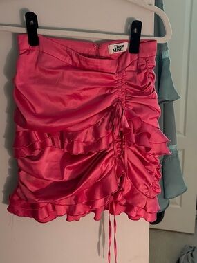 Tiger Mist Hot Pink Satin Ruched Ruffle Mini Skirt